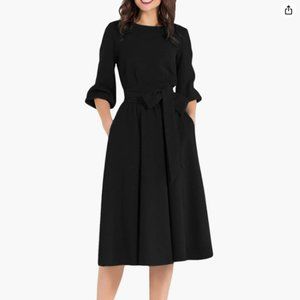 NWT | Audrey Hepburn Style Round Neck 3/4 Puff Sleeve Black Midi Dress | Sz M